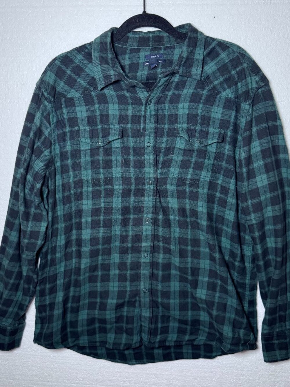 Gap Mens L Green Plaid Classic Fit Long Sleeve Snap Front Shirt Cotton Flannel